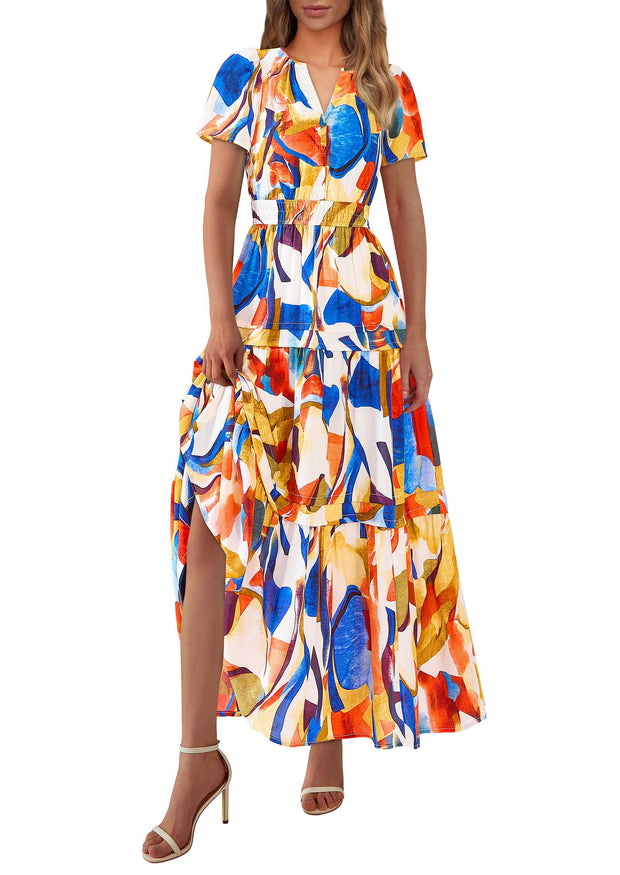 PRETTYGARDEN Women's 2025 Summer Boho Maxi Dresses Floral Short Sleeve V Neck A Line Tiered Flowy Long Beach Vacation Dress (White Pink Floral,Large)