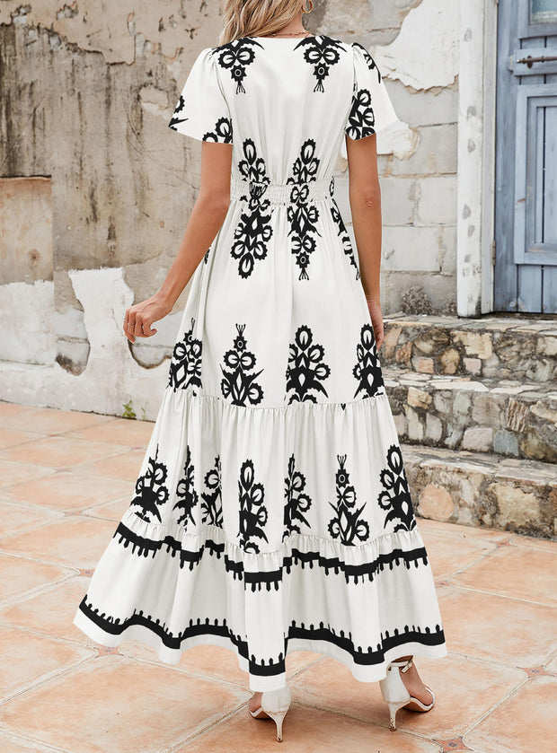 PRETTYGARDEN Womens 2025 Summer Casual V Neck Boho Maxi Dress Flowy Aline Bell Sleeve Tiered Floral Dresses with Pocket (Floral Apricot Black,X-Large)