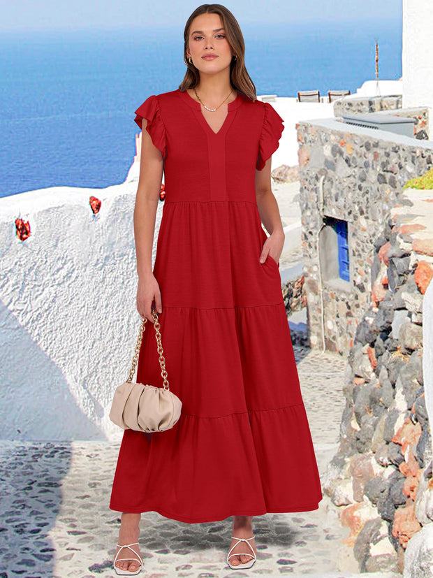 ANRABESS Womens Summer Casual Maxi Dress V Neck Ruffle Sleeve Long Dresses Fashion Flowy Tiered Boho Beach Vacation Sundress Black Large