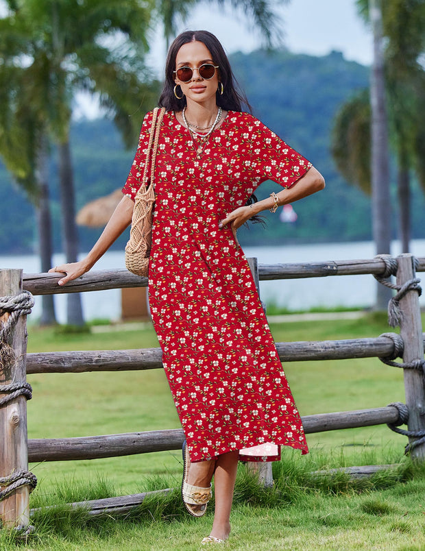 Zeagoo Women Long Sun Dress Summer T Shirt Dresses Beach Dress Casual Short Sleeve Tropical O Neck A Line Maxi Dresses Loose Side Slit Cover Up with Pockets 2025 Black XXL