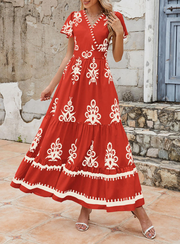 PRETTYGARDEN Womens 2025 Summer Casual V Neck Boho Maxi Dress Flowy Aline Bell Sleeve Tiered Floral Dresses with Pocket (Floral Apricot Black,X-Large)