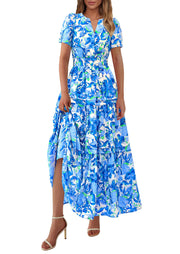 PRETTYGARDEN Women's 2025 Summer Boho Maxi Dresses Floral Short Sleeve V Neck A Line Tiered Flowy Long Beach Vacation Dress (White Pink Floral,Large)
