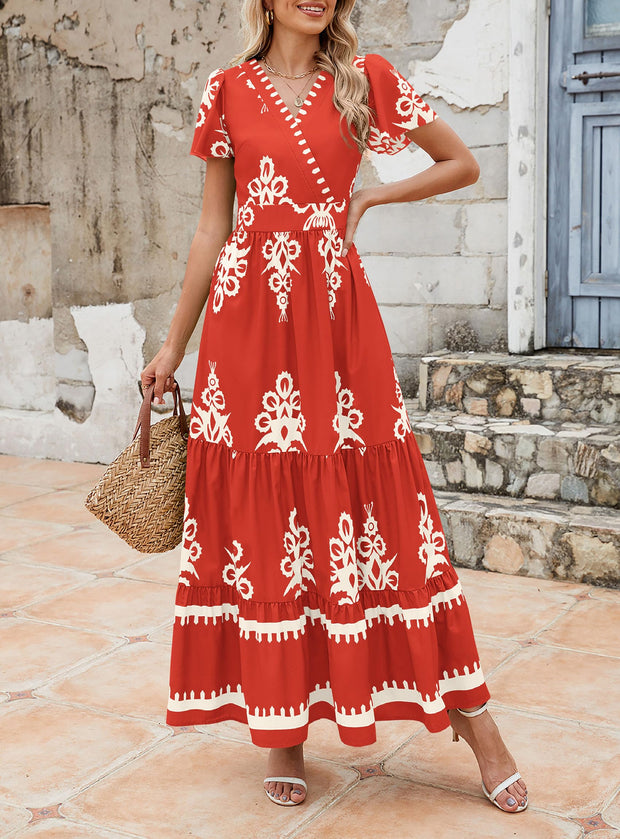 PRETTYGARDEN Womens 2025 Summer Casual V Neck Boho Maxi Dress Flowy Aline Bell Sleeve Tiered Floral Dresses with Pocket (Floral Apricot Black,X-Large)