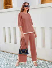 Tanming Sweater Sets Women 2 Piece Lounge Sets Short Sleeve Knit Pullover Tops Wide Leg Pants