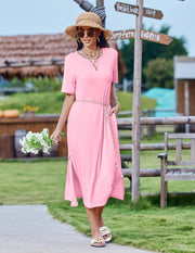 Zeagoo Women Long Sun Dress Summer T Shirt Dresses Beach Dress Casual Short Sleeve Tropical O Neck A Line Maxi Dresses Loose Side Slit Cover Up with Pockets 2025 Black XXL