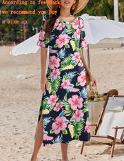 Zeagoo Women Long Sun Dress Summer T Shirt Dresses Beach Dress Casual Short Sleeve Tropical O Neck A Line Maxi Dresses Loose Side Slit Cover Up with Pockets 2025 Black XXL