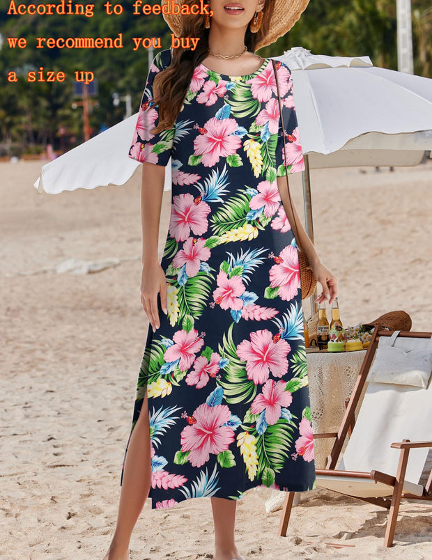 Zeagoo Women Long Sun Dress Summer T Shirt Dresses Beach Dress Casual Short Sleeve Tropical O Neck A Line Maxi Dresses Loose Side Slit Cover Up with Pockets 2025 Black XXL