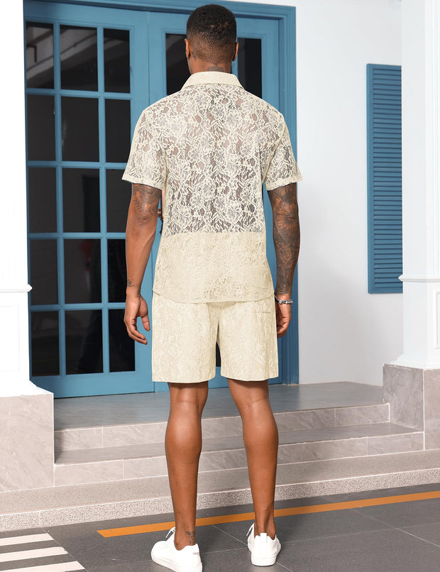 LecGee Men Summer Casual Short Sets Lace Short Sleeve Button Down Shirt Elastic Waist Shorts 2 Piece Outfits Tracksuit