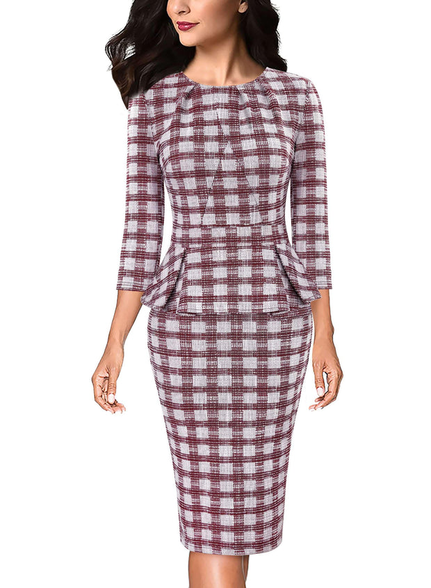 VFSHOW Womens Pleated Crew Neck Peplum Work Business Office Bodycon Pencil Sheath Dress