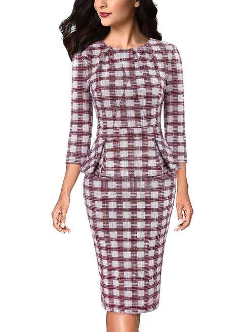 VFSHOW Womens Pleated Crew Neck Peplum Work Business Office Bodycon Pencil Sheath Dress