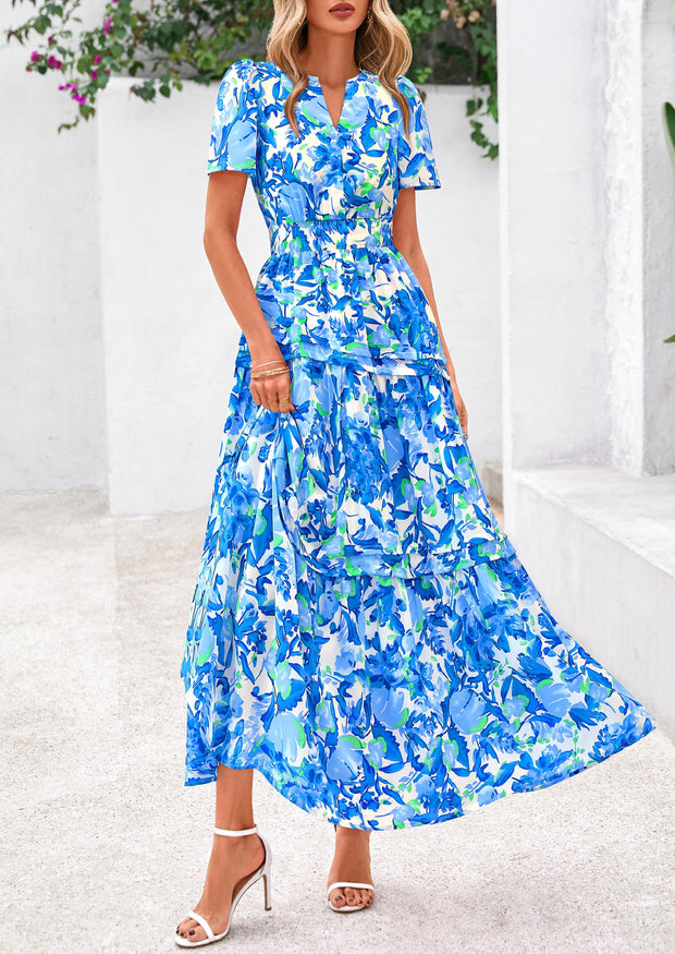 PRETTYGARDEN Women's 2025 Summer Boho Maxi Dresses Floral Short Sleeve V Neck A Line Tiered Flowy Long Beach Vacation Dress (White Pink Floral,Large)