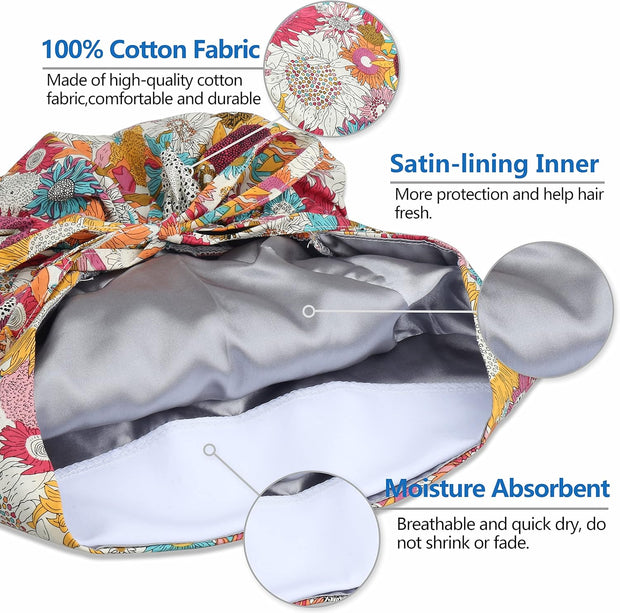 QBA Adjustable Working Cap with Button, Satin-Lined Hat, Cotton Working Hat Sweatband, Elastic Tie Back Hats Unisex