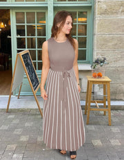 ZESICA Women's Summer Sleeveless Midi Dress 2025 Crewneck Ribbed Knit Tie Waist Casual A Line Swing Dresses