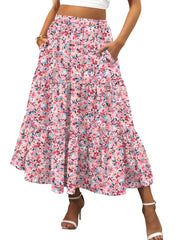 ANRABESS Women’s Summer Boho Flowy Swing Tiered A-Line Maxi Skirt 2025 Fashion Trendy Elastic Waist Pleated Long Beach Dress