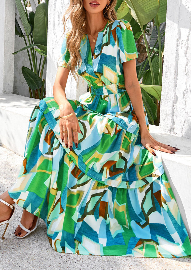 PRETTYGARDEN Women's 2025 Summer Boho Maxi Dresses Floral Short Sleeve V Neck A Line Tiered Flowy Long Beach Vacation Dress (White Pink Floral,Large)