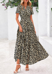 PRETTYGARDEN Women's 2025 Summer Boho Maxi Dresses Floral Short Sleeve V Neck A Line Tiered Flowy Long Beach Vacation Dress (White Pink Floral,Large)