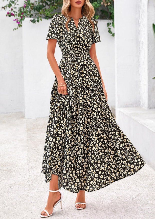 PRETTYGARDEN Women's 2025 Summer Boho Maxi Dresses Floral Short Sleeve V Neck A Line Tiered Flowy Long Beach Vacation Dress (White Pink Floral,Large)