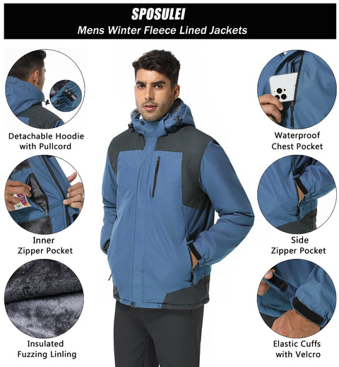 SPOSULEI Mens Skiing Jackets with Hoode Snowboarding Waterproof Fleece Liner Coats Windproof Winter Raincoat Multi Pockets