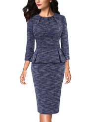 VFSHOW Womens Pleated Crew Neck Peplum Work Business Office Bodycon Pencil Sheath Dress