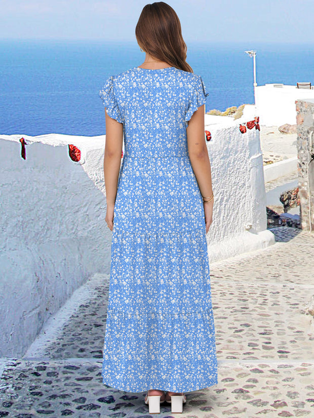 ANRABESS Womens Summer Casual Maxi Dress V Neck Ruffle Sleeve Long Dresses Fashion Flowy Tiered Boho Beach Vacation Sundress Black Large