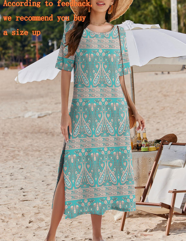 Zeagoo Women Long Sun Dress Summer T Shirt Dresses Beach Dress Casual Short Sleeve Tropical O Neck A Line Maxi Dresses Loose Side Slit Cover Up with Pockets 2025 Black XXL