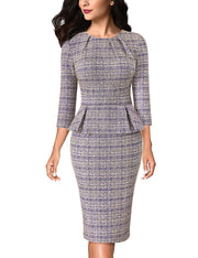 VFSHOW Womens Pleated Crew Neck Peplum Work Business Office Bodycon Pencil Sheath Dress