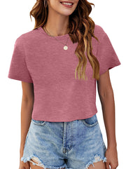 Womens Summer Crop Tops Short Sleeve Round Neck T-Shirts Loose Fit Casual Blouse