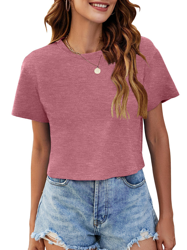 Womens Summer Crop Tops Short Sleeve Round Neck T-Shirts Loose Fit Casual Blouse
