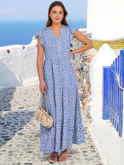 ANRABESS Womens Summer Casual Maxi Dress V Neck Ruffle Sleeve Long Dresses Fashion Flowy Tiered Boho Beach Vacation Sundress Black Large
