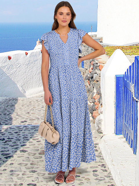 ANRABESS Womens Summer Casual Maxi Dress V Neck Ruffle Sleeve Long Dresses Fashion Flowy Tiered Boho Beach Vacation Sundress Black Large