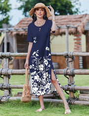 Zeagoo Women Long Sun Dress Summer T Shirt Dresses Beach Dress Casual Short Sleeve Tropical O Neck A Line Maxi Dresses Loose Side Slit Cover Up with Pockets 2025 Black XXL