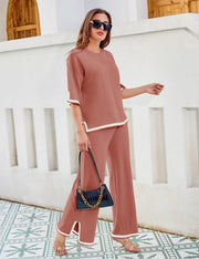 Tanming Sweater Sets Women 2 Piece Lounge Sets Short Sleeve Knit Pullover Tops Wide Leg Pants