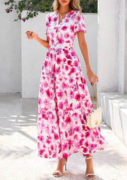 PRETTYGARDEN Women's 2025 Summer Boho Maxi Dresses Floral Short Sleeve V Neck A Line Tiered Flowy Long Beach Vacation Dress (White Pink Floral,Large)