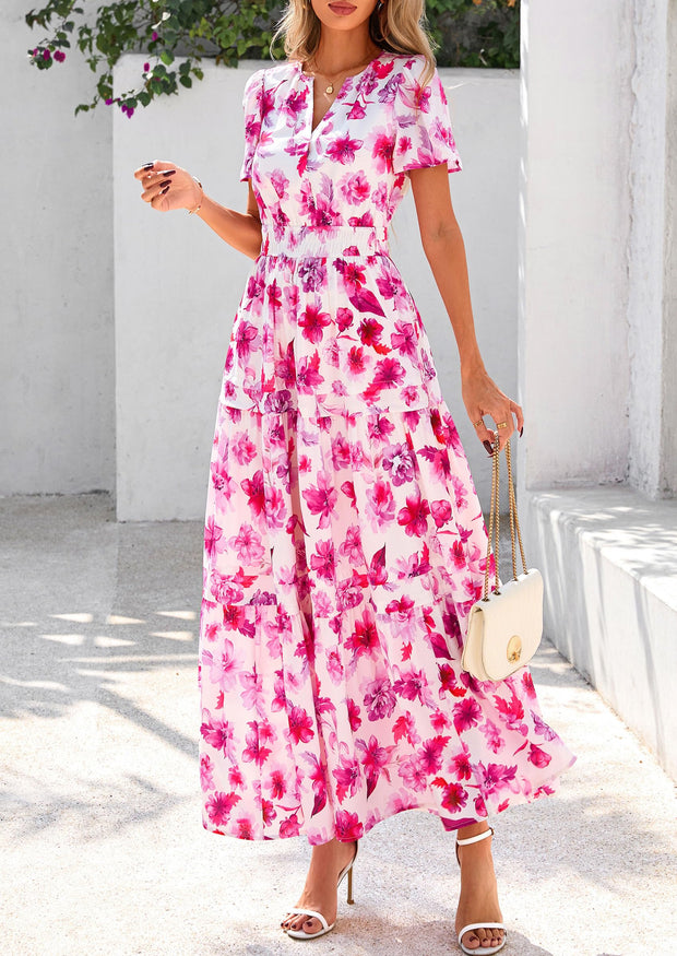 PRETTYGARDEN Women's 2025 Summer Boho Maxi Dresses Floral Short Sleeve V Neck A Line Tiered Flowy Long Beach Vacation Dress (White Pink Floral,Large)