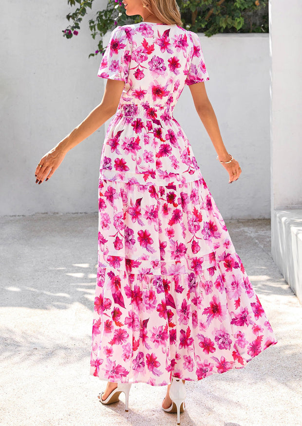 PRETTYGARDEN Women's 2025 Summer Boho Maxi Dresses Floral Short Sleeve V Neck A Line Tiered Flowy Long Beach Vacation Dress (White Pink Floral,Large)