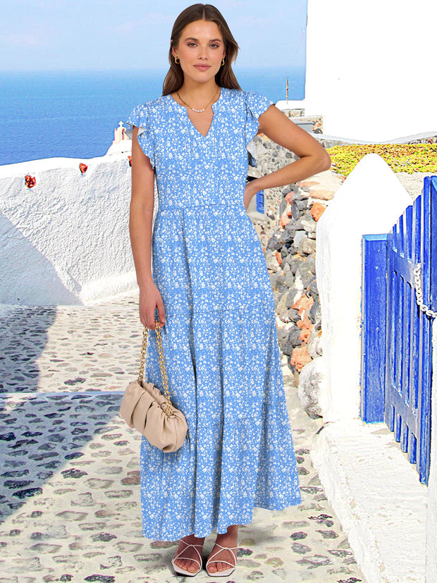 ANRABESS Womens Summer Casual Maxi Dress V Neck Ruffle Sleeve Long Dresses Fashion Flowy Tiered Boho Beach Vacation Sundress Black Large