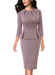 VFSHOW Womens Pleated Crew Neck Peplum Work Business Office Bodycon Pencil Sheath Dress