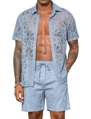 LecGee Men Summer Casual Short Sets Lace Short Sleeve Button Down Shirt Elastic Waist Shorts 2 Piece Outfits Tracksuit
