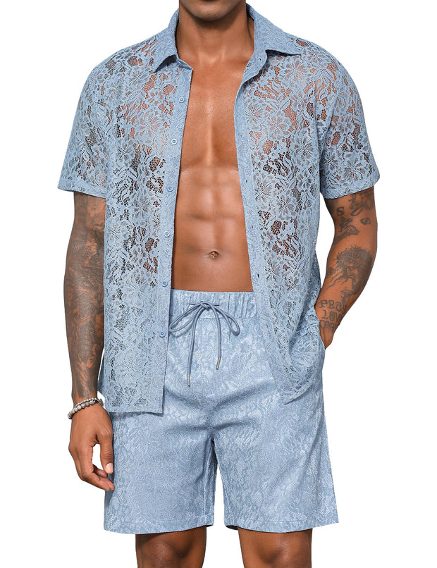 LecGee Men Summer Casual Short Sets Lace Short Sleeve Button Down Shirt Elastic Waist Shorts 2 Piece Outfits Tracksuit