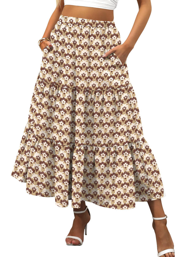 ANRABESS Women’s Summer Boho Flowy Swing Tiered A-Line Maxi Skirt 2025 Fashion Trendy Elastic Waist Pleated Long Beach Dress
