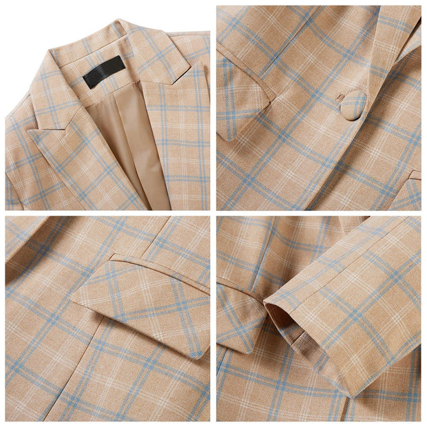 Womens 2 Piece Plaid Suits Set Business Office One Button Blazer Jacket Casual Long Sleeve Pant Suit Set