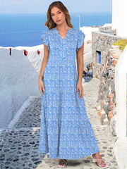 ANRABESS Womens Summer Casual Maxi Dress V Neck Ruffle Sleeve Long Dresses Fashion Flowy Tiered Boho Beach Vacation Sundress Black Large
