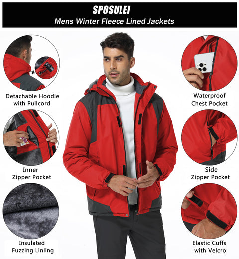 SPOSULEI Mens Skiing Jackets with Hoode Snowboarding Waterproof Fleece Liner Coats Windproof Winter Raincoat Multi Pockets
