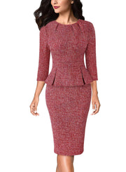 VFSHOW Womens Pleated Crew Neck Peplum Work Business Office Bodycon Pencil Sheath Dress