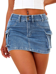 ELLEVEN High Stretchy Cargo Skirt for Women, Low Waist Y2k Mini Skirt Cute Denim Skirt with Pockets