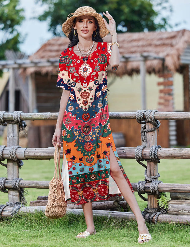 Zeagoo Women Long Sun Dress Summer T Shirt Dresses Beach Dress Casual Short Sleeve Tropical O Neck A Line Maxi Dresses Loose Side Slit Cover Up with Pockets 2025 Black XXL