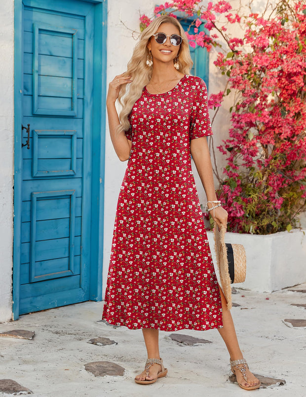 Zeagoo Women Long Sun Dress Summer T Shirt Dresses Beach Dress Casual Short Sleeve Tropical O Neck A Line Maxi Dresses Loose Side Slit Cover Up with Pockets 2025 Black XXL