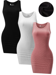 3 Piece Womens Summer Ribbed Tank Dress Scoop Neck Sleeveless Tank Top Dresses Basic Bodycon Mini Dress