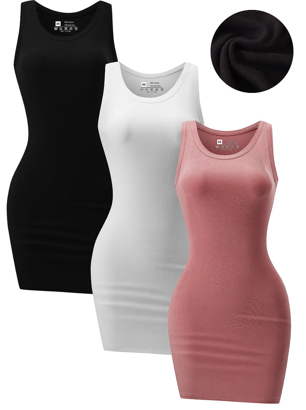 3 Piece Womens Summer Ribbed Tank Dress Scoop Neck Sleeveless Tank Top Dresses Basic Bodycon Mini Dress