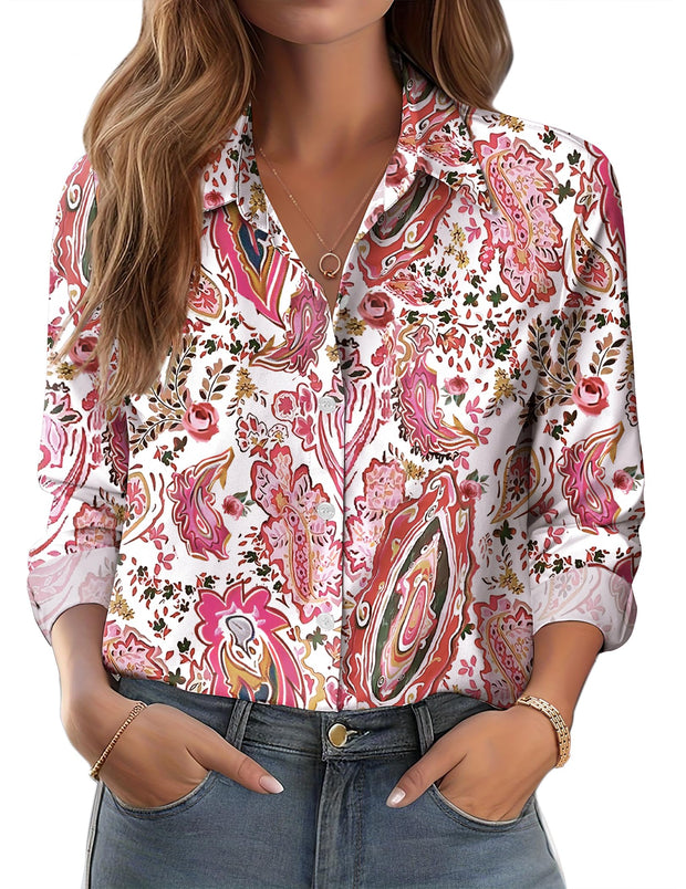 Zeagoo Button Down Shirts for Women Dressy Floral Printed Long Sleeve Blouse Business Casual Work Tops